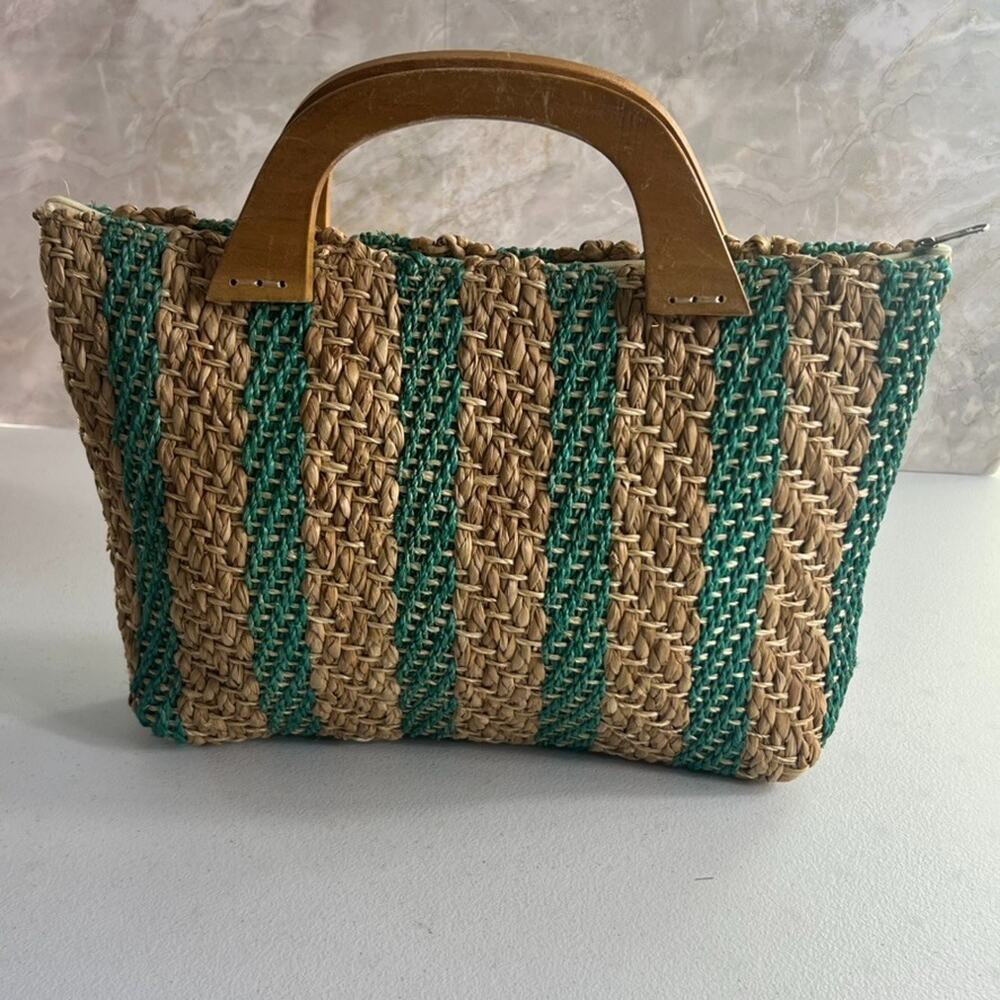 Straw Handbag 13" Medium Green and Brown Striped Wooden Handles Beach